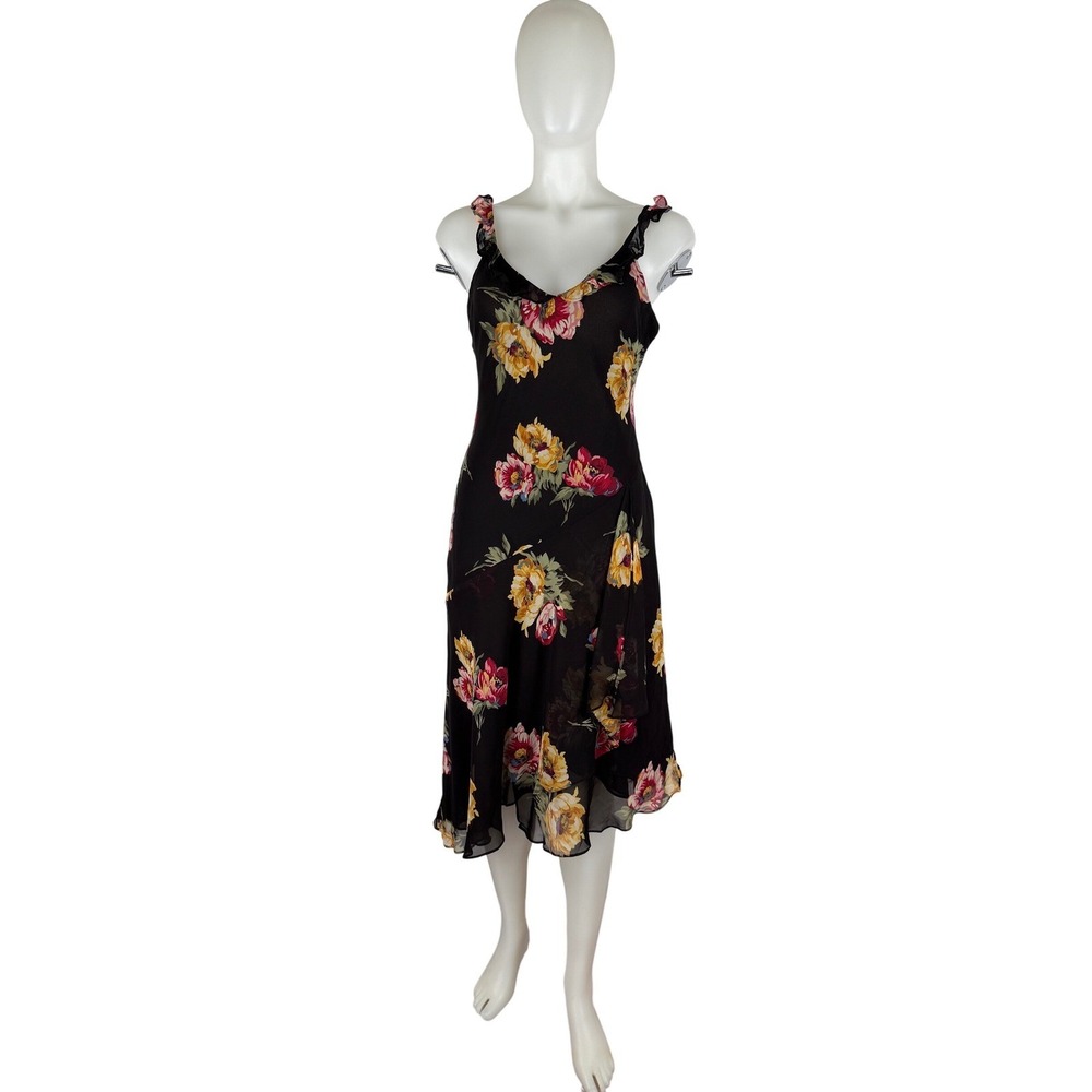 Ralph Lauren Floral Bias Cut Midi Dress Black Rayon Ruffle V-Neck Womens Size M